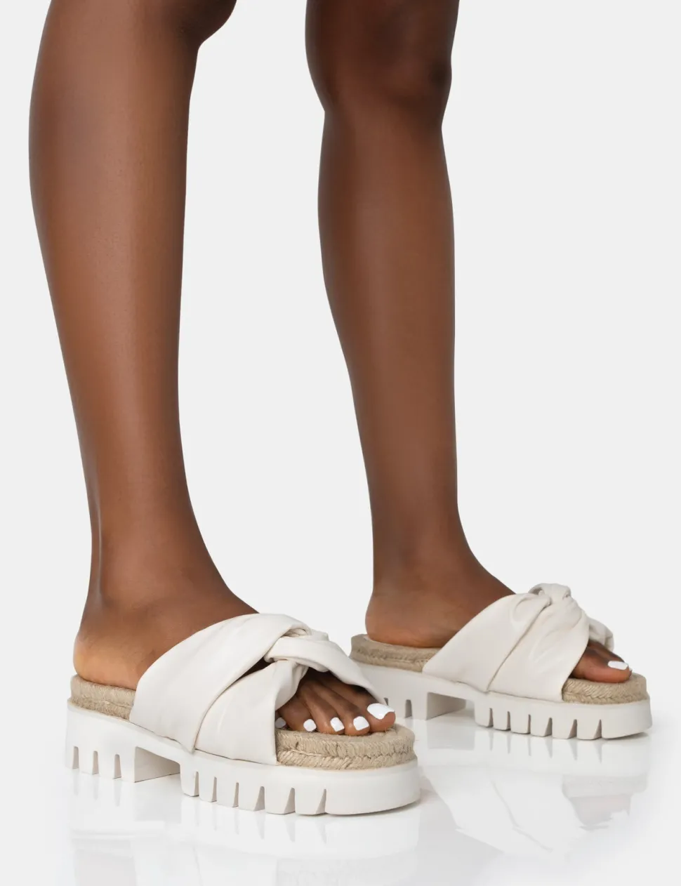 Store Trina Ecru PU Raffia Twist Strap Slider Sandals Flats