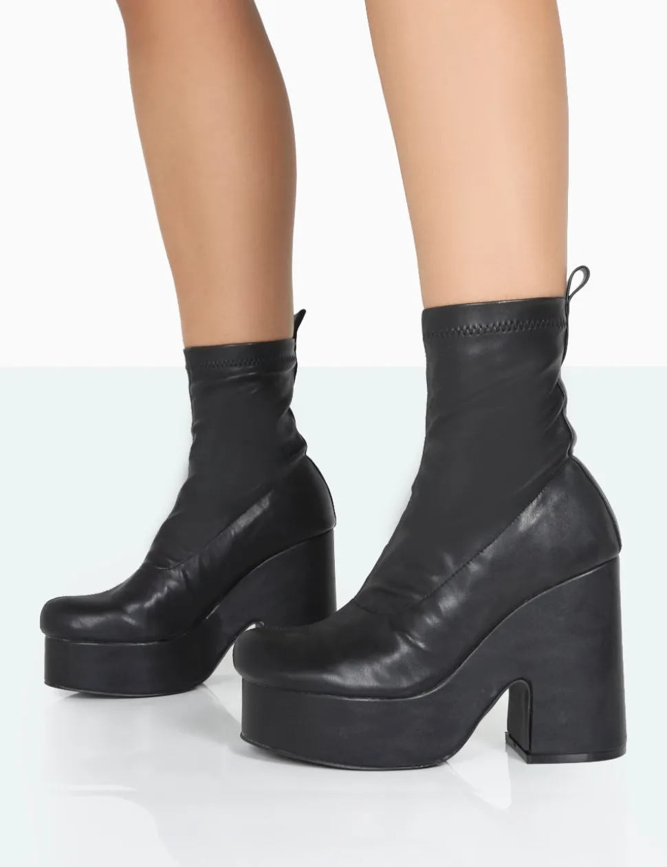 Cheap Trix Black Stretch PU Platform Ankle Boots Platform Heels | Heeled Boots