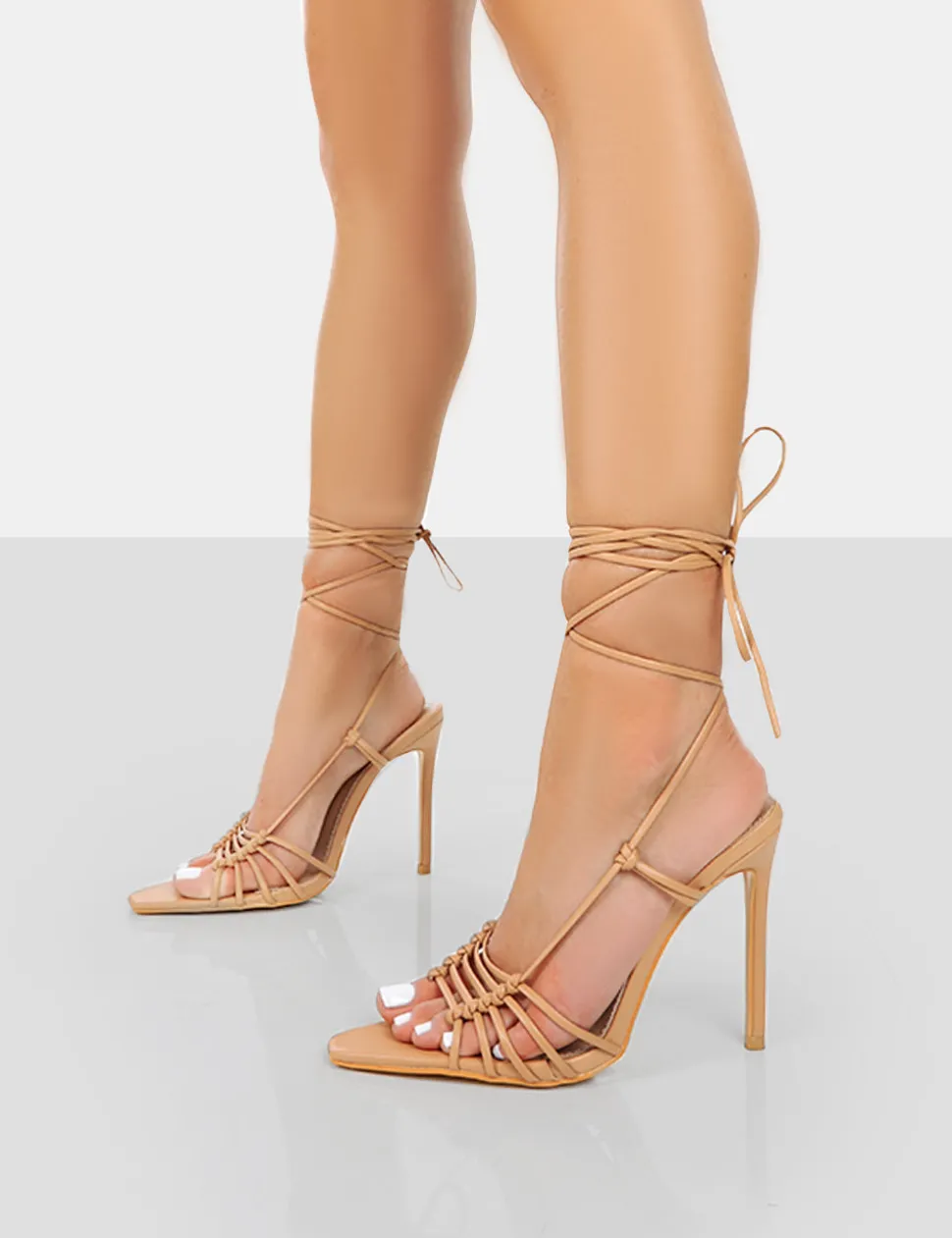 Outlet Valencia Nude Pu Strappy Lace Up Pointed Toe Stiletto Heels 5" Heels | Lace Up Heels
