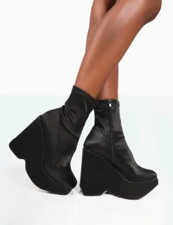 Online Versus Black Satin Platform Sole Ankle Boots Platform Heels | Heeled Boots