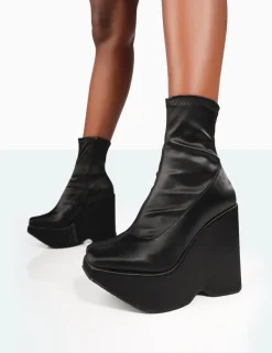 Online Versus Black Satin Platform Sole Ankle Boots Platform Heels | Heeled Boots