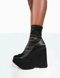 Online Versus Black Satin Platform Sole Ankle Boots Platform Heels | Heeled Boots