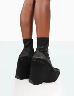 Online Versus Black Satin Platform Sole Ankle Boots Platform Heels | Heeled Boots