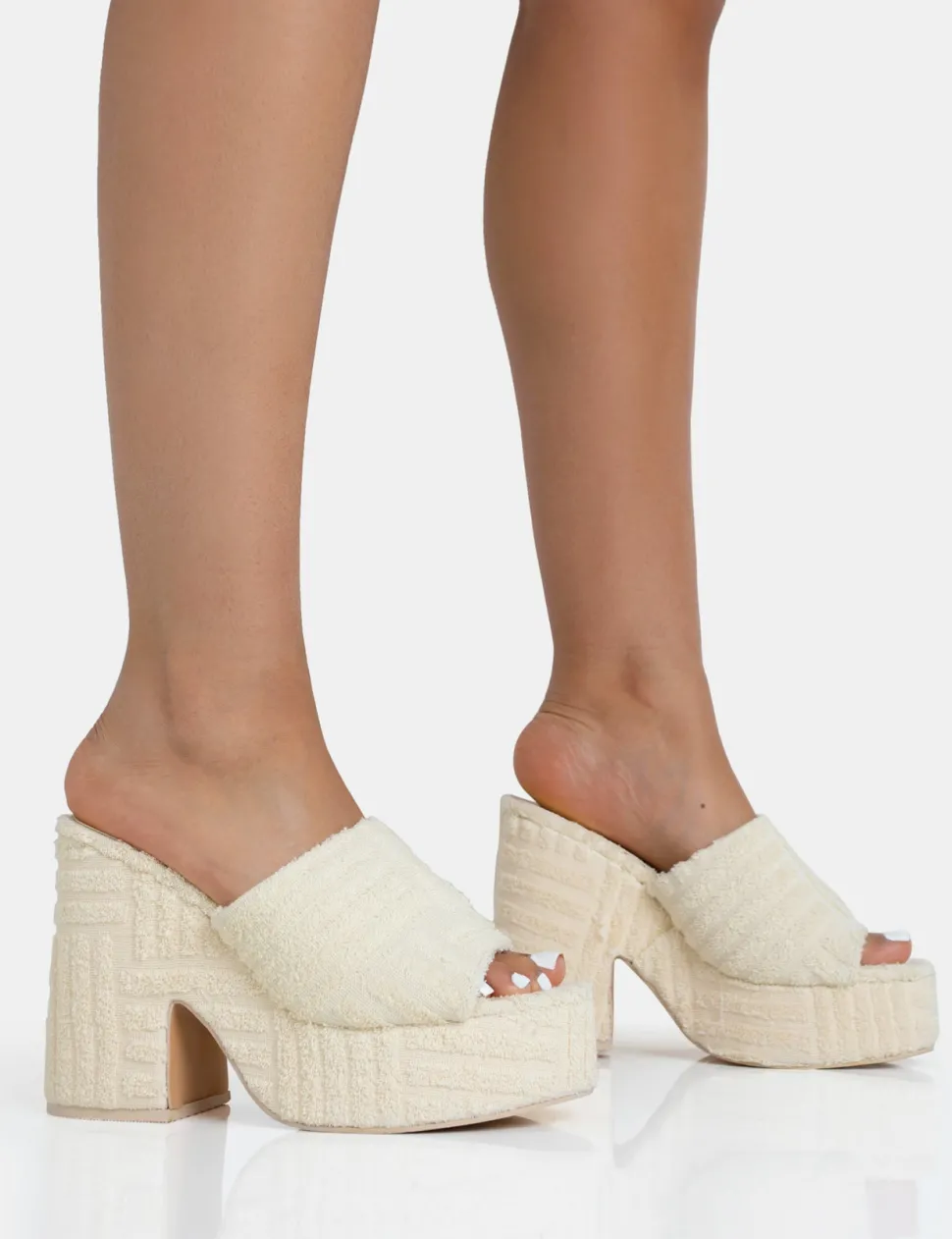 Store Wavez Ecru Terry Towelling Round Toe Platform Block Heel Mules Mules | Block Heels
