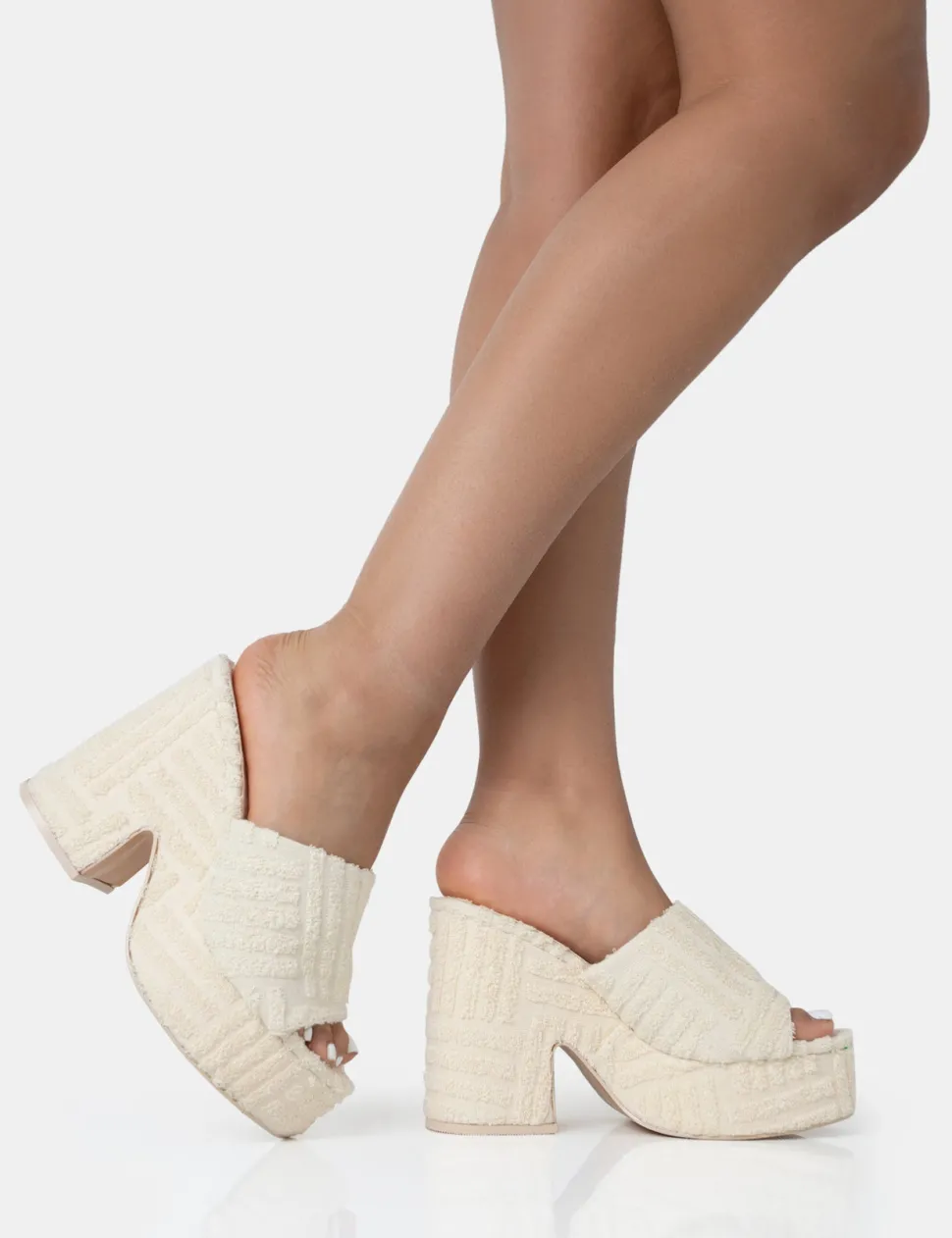 Store Wavez Ecru Terry Towelling Round Toe Platform Block Heel Mules Mules | Block Heels