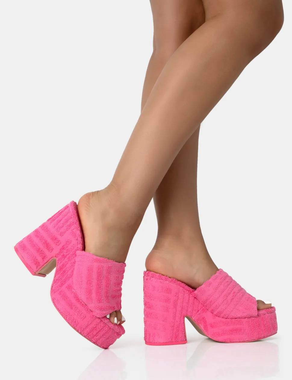 Cheap Wavez Terry Towelling Round Toe Platform Block Heel Mules Pink Heels | Mules