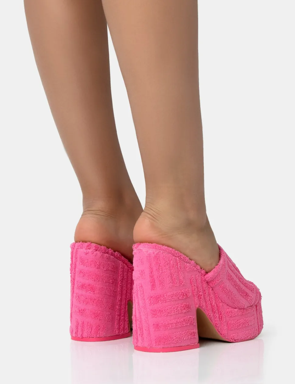 Cheap Wavez Terry Towelling Round Toe Platform Block Heel Mules Pink Heels | Mules
