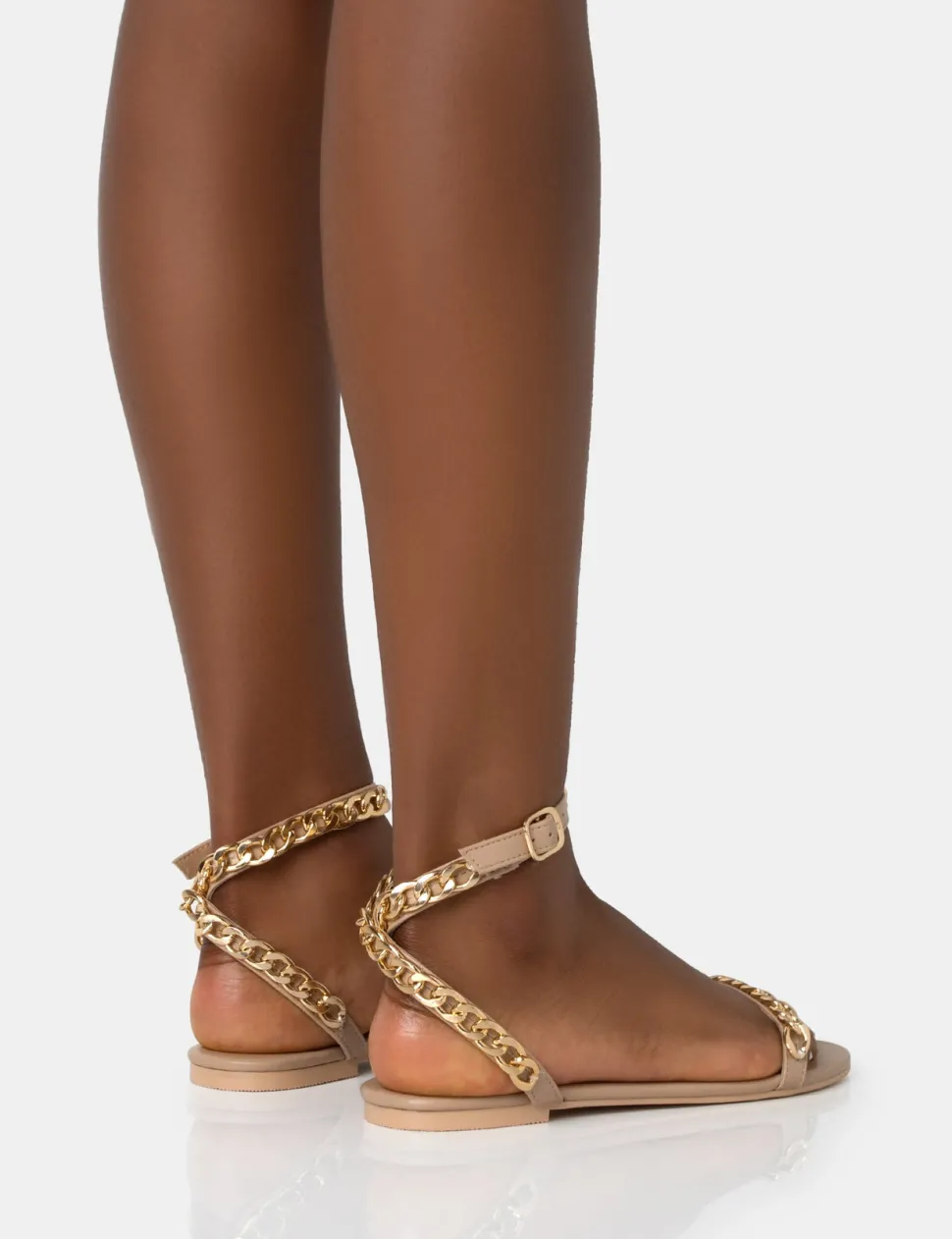 Sale Whisper Nude PU Chain Strap Flat Round Toe Sandals Flats