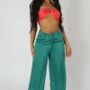 Shop Wide Leg Split Hem Satin Tailored Trousers Trousers