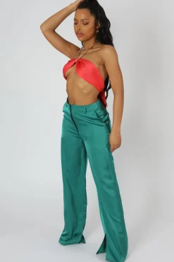 Shop Wide Leg Split Hem Satin Tailored Trousers Trousers