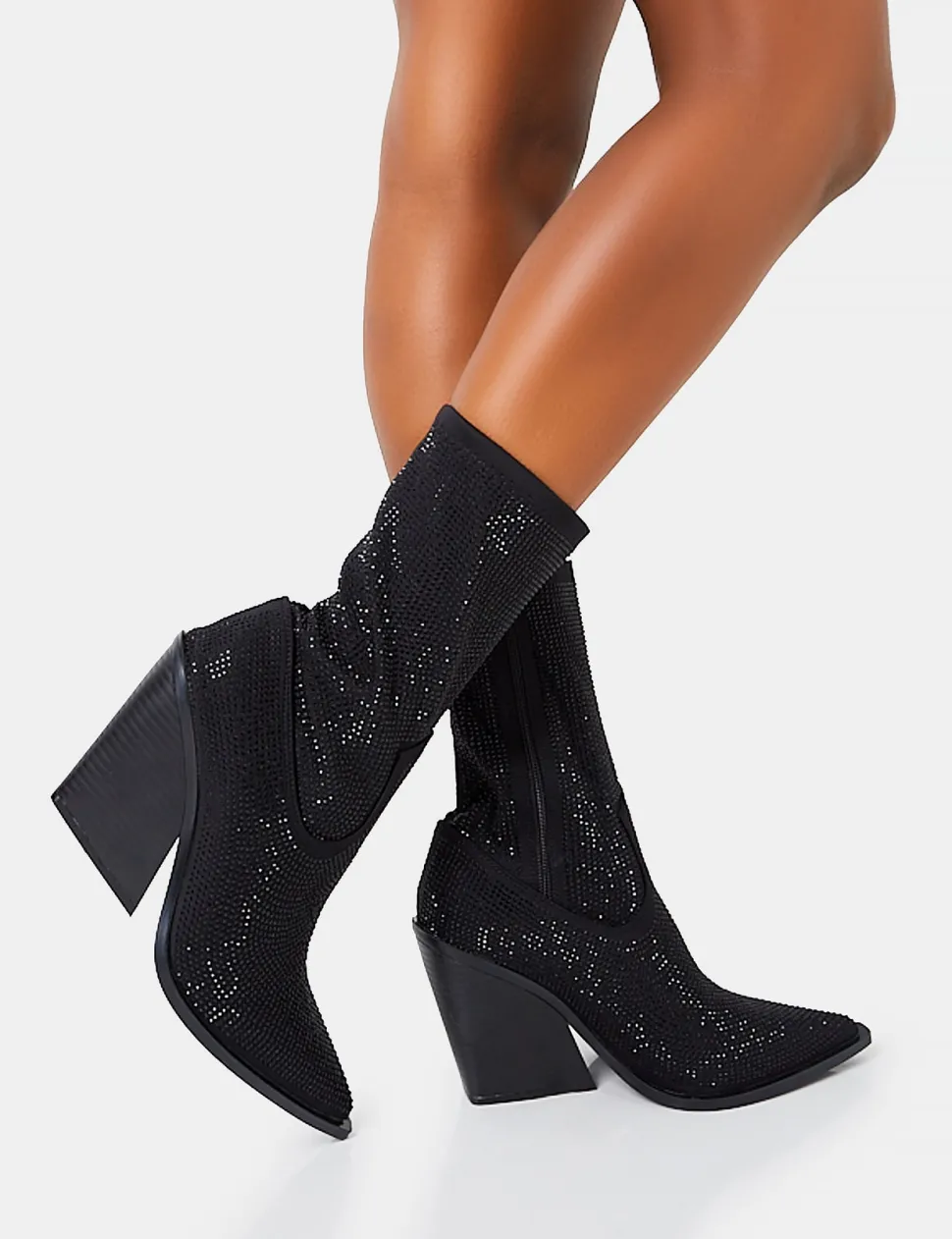 Fashion Wild One Diamante Western Cowboy Pointed Toe Block Heel Ankle Boots Diamante Heels | Western Boots