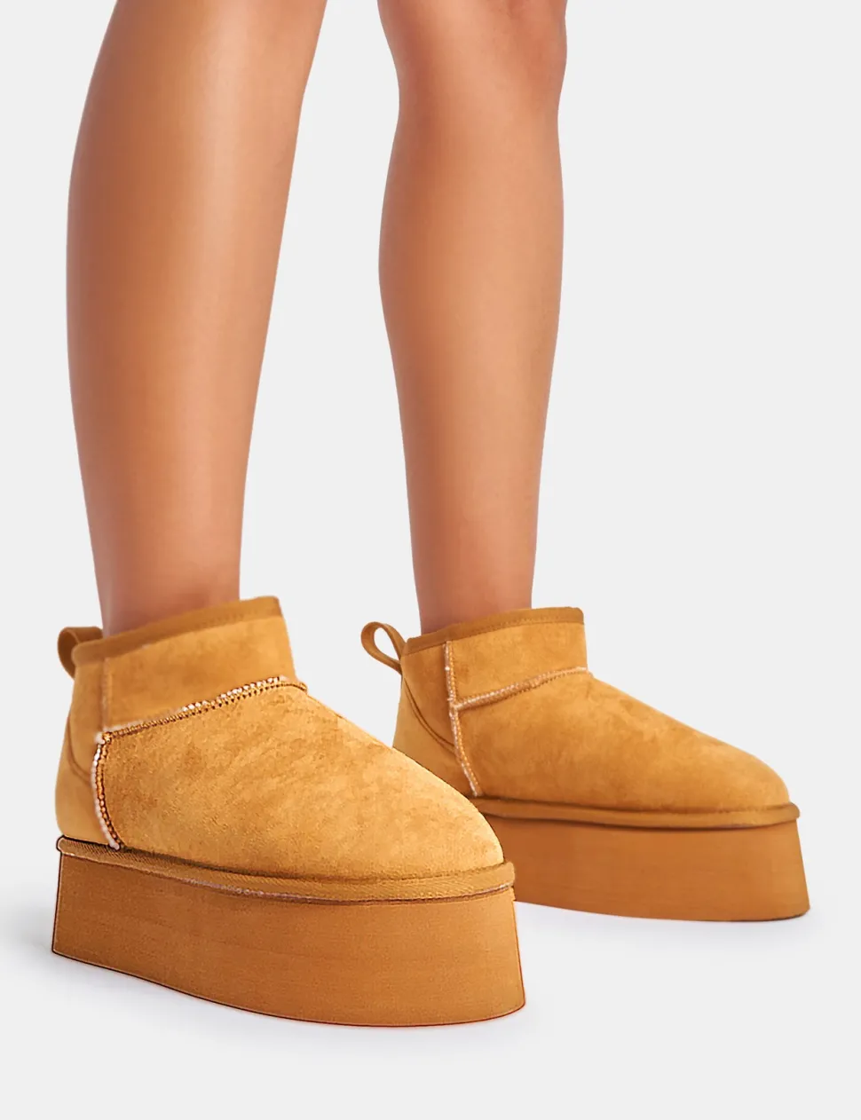 Outlet Willow Chestnut Faux Suede Ultra Mini Ankle Triple Platform Boots Flats | Faux Fur Ankle Boots