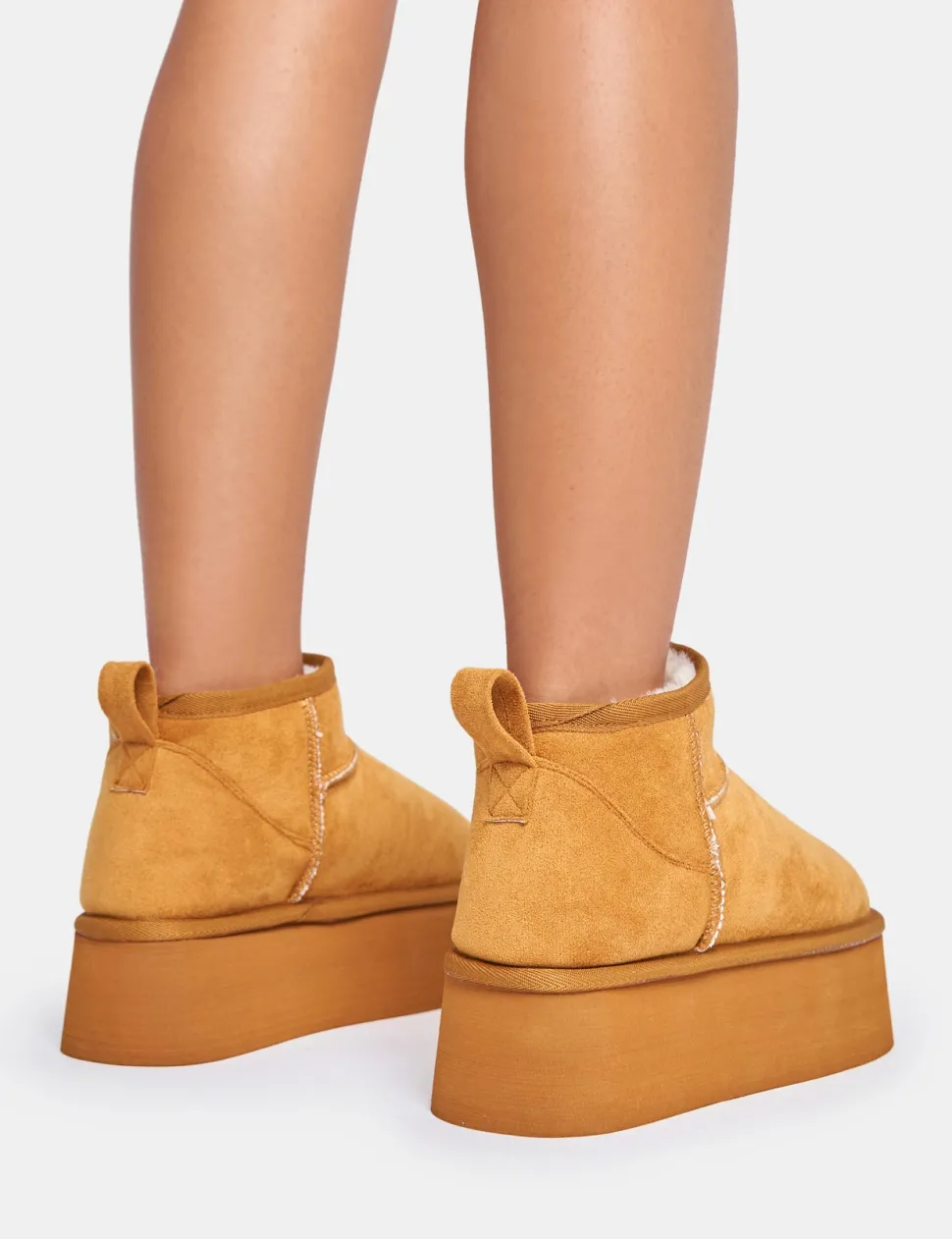 Outlet Willow Chestnut Faux Suede Ultra Mini Ankle Triple Platform Boots Flats | Faux Fur Ankle Boots