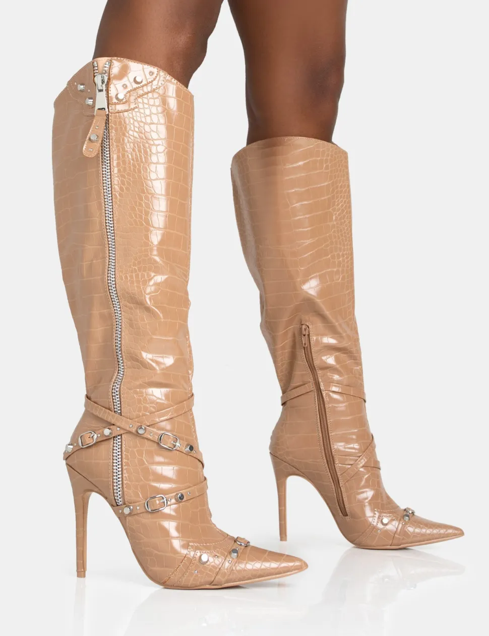 Best Sale Worthy Camel Croc Studded Zip Detail Pointed Stiletto Knee High Boots High Heels | Heeled Boots