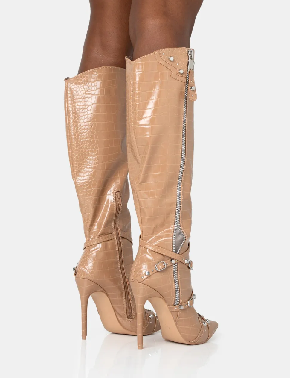 Best Sale Worthy Camel Croc Studded Zip Detail Pointed Stiletto Knee High Boots High Heels | Heeled Boots