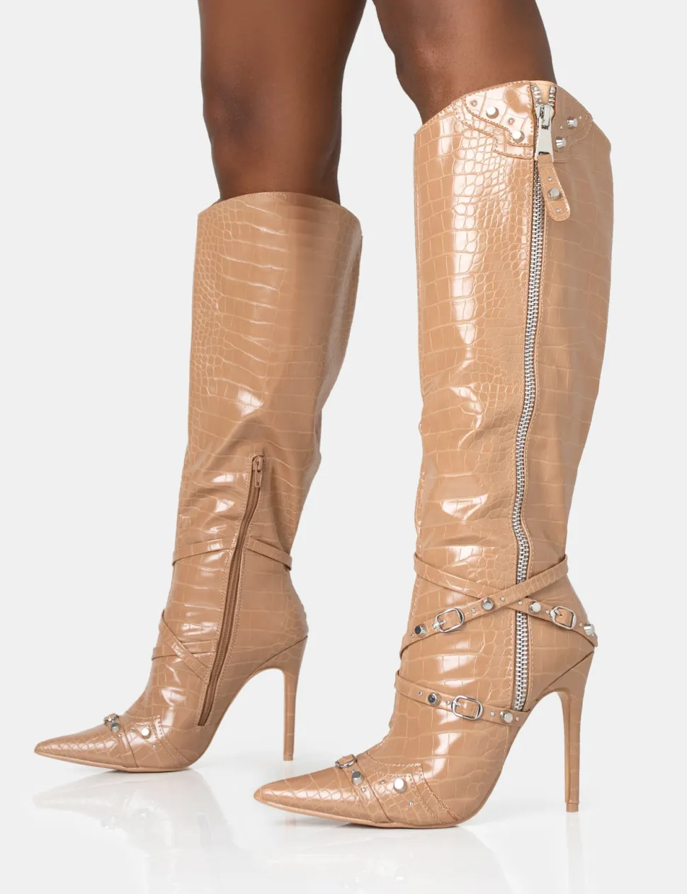 Best Sale Worthy Camel Croc Studded Zip Detail Pointed Stiletto Knee High Boots High Heels | Heeled Boots