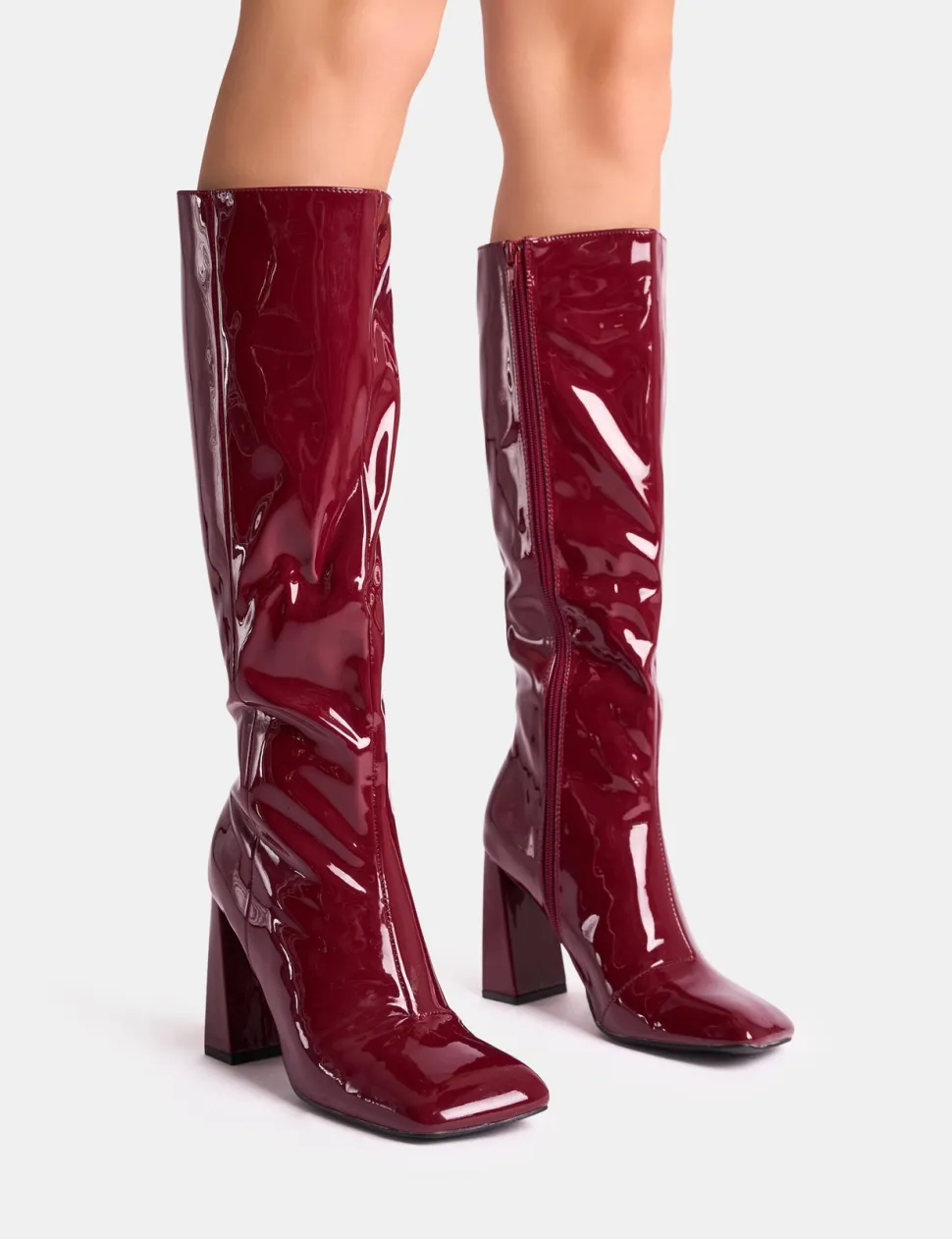 Fashion Zoya Patent Slant Toe Block Heel Knee High Sock Boots Block Heels | Sock Boots