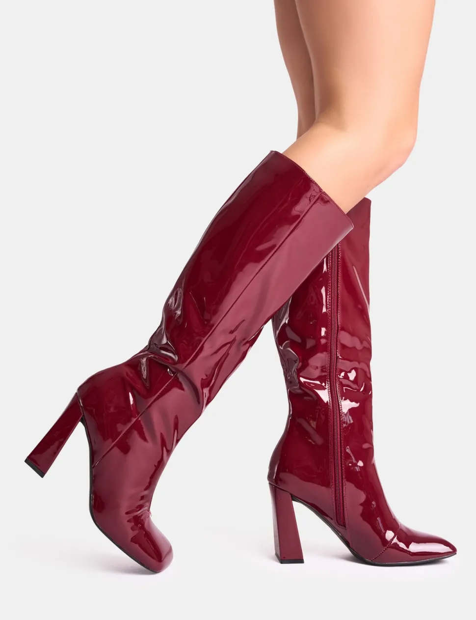 Fashion Zoya Patent Slant Toe Block Heel Knee High Sock Boots Block Heels | Sock Boots